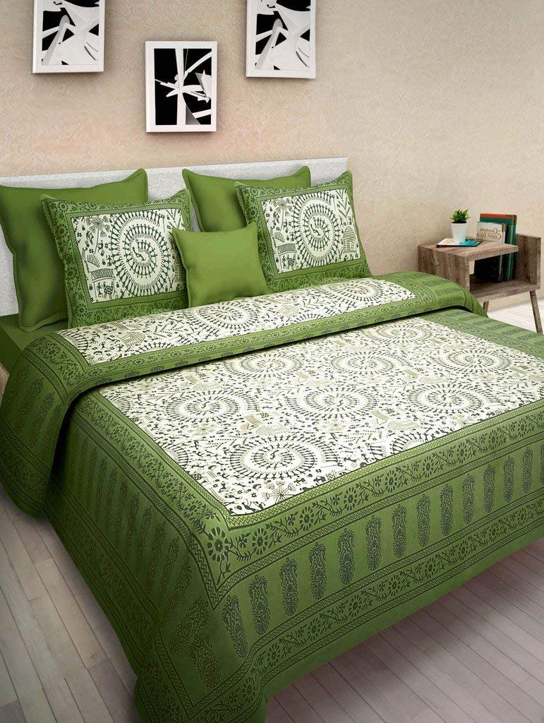 BedZone Cotton Comfort Rajasthani Jaipuri Traditional 1 Double Bedsheets with 2 Pillow Covers - (Green, Floral)