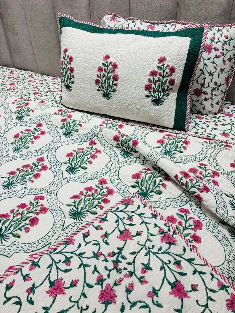 Bella Contemporary Premium 100% Cotton King Size 108 * 108 Hand Block Cotton Bedsheet with 2 Pillow Cover 28 * 18 | Floral Printed Bedsheet for Bedroom, Home, Hotels