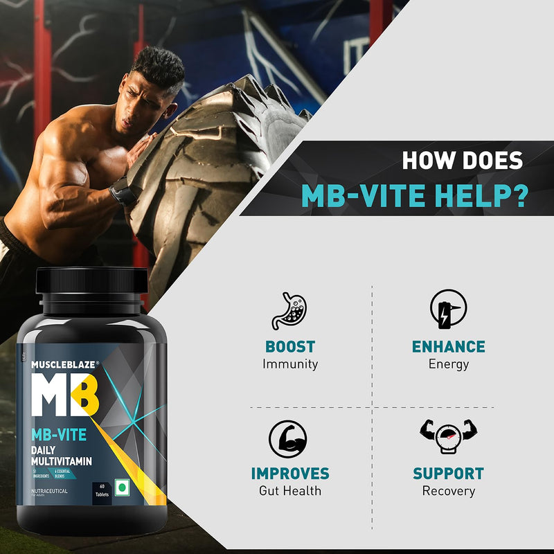 MuscleBlaze MB-Vite Daily Multivitamin with 51 Ingredients & 6 Blends, Vitamins & Minerals, Prebiotic & Probiotics, Amino Acid Blends, for Energy, Stamina & Recovery, 60 Multivitamin Tablets