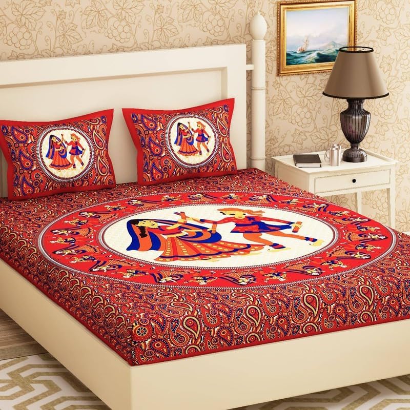 AC FASHION Rajasthani Jaipuri Sanganeri Print 144 TC 100% Cotton Bed Sheet Set for Double Bed King Size, Dandiya Pattern, Double Bedsheet Cotton with 2 Pillow Covers