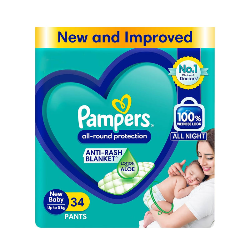 Pampers All Round Protection Pant Style Baby Diapers, New Born/X-Small (NB/XS), 34 Count, Anti Rash Blanket, Lotion with Aloe Vera, Upto 5 Kg Diapers