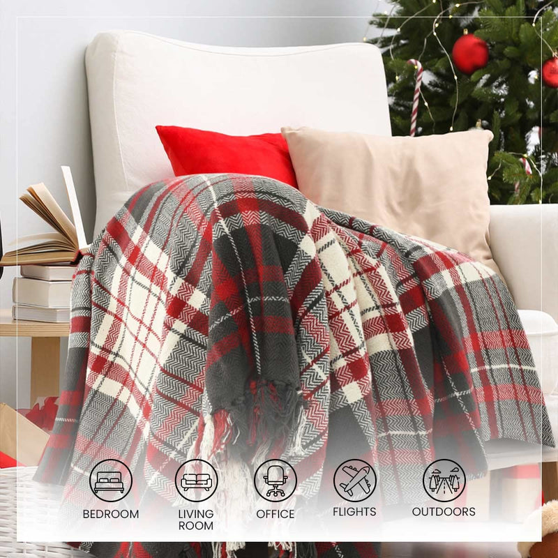 SASHAA WORLD Check Throw Blanket | Throw for Sofa, Bed, Chair and Couch | Red and Black Throw | 160 x 130 cm