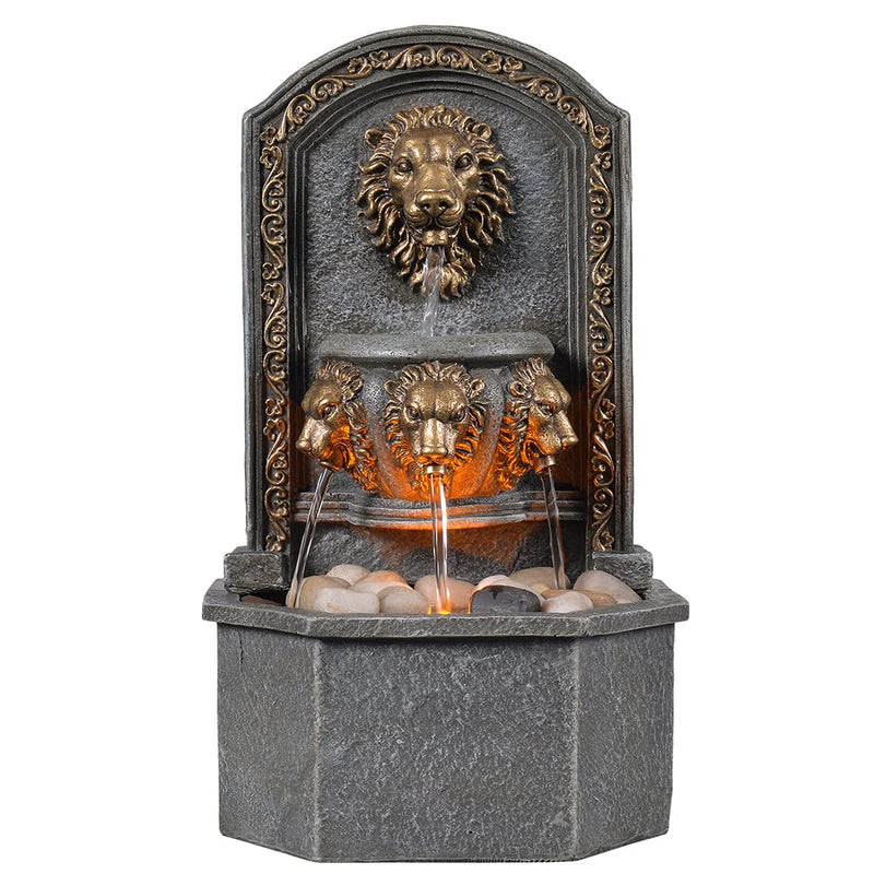 GOSSI 10.3 in Tall Tabletop Fountain Classic Lion Head Polyresin Indoor Zen Waterfall Fountain w/ Cobblestone Soothing Sounds for Office and Home Decor