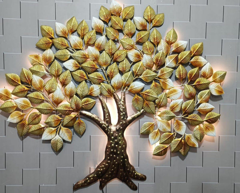 AntarYuga Metal Rich Golden Tree with LED Wall Artfor Home Living Room/Bedroom/Office/Hotel/Cafe/Farmhouse-120X5X108 Cm