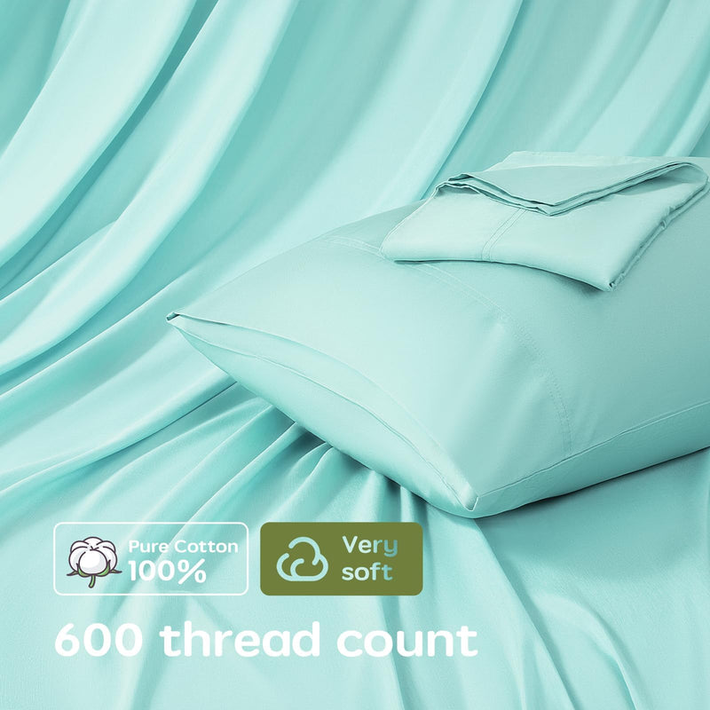 SONORO KATE 100% Pure Egyptian Cotton Sheets Sets,Cooling Bed Sheets 600 Thread Count Long Staple Cotton,Sateen Weave for Soft and Silky, Fits Mattress 16'' Deep Pocket (Seafoam, California King)