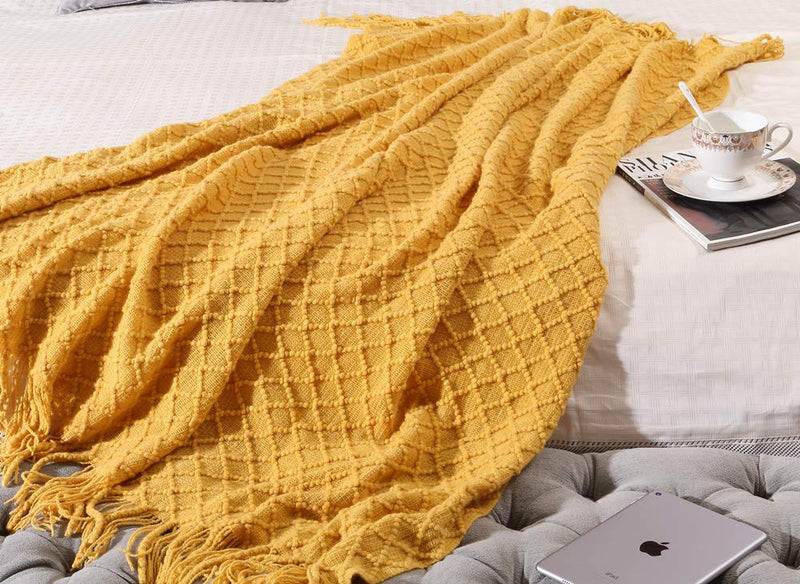 CREVENT Knitted Decorative Throw Blanket for Couch Sofa Chair Bed，Soft Warm Cozy Light Weight for Spring Summer (50''X60'' Yellow) …