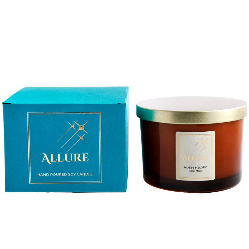 Allure Living Muse Melody - Luxury Indian Mogra Soy Candles | Large 3 Wick Jar Candle | Up to 40 Hours Burning Time | Natural Soy Wax | Relaxing Aromatherapy Aesthetic Candle | Scented Candle