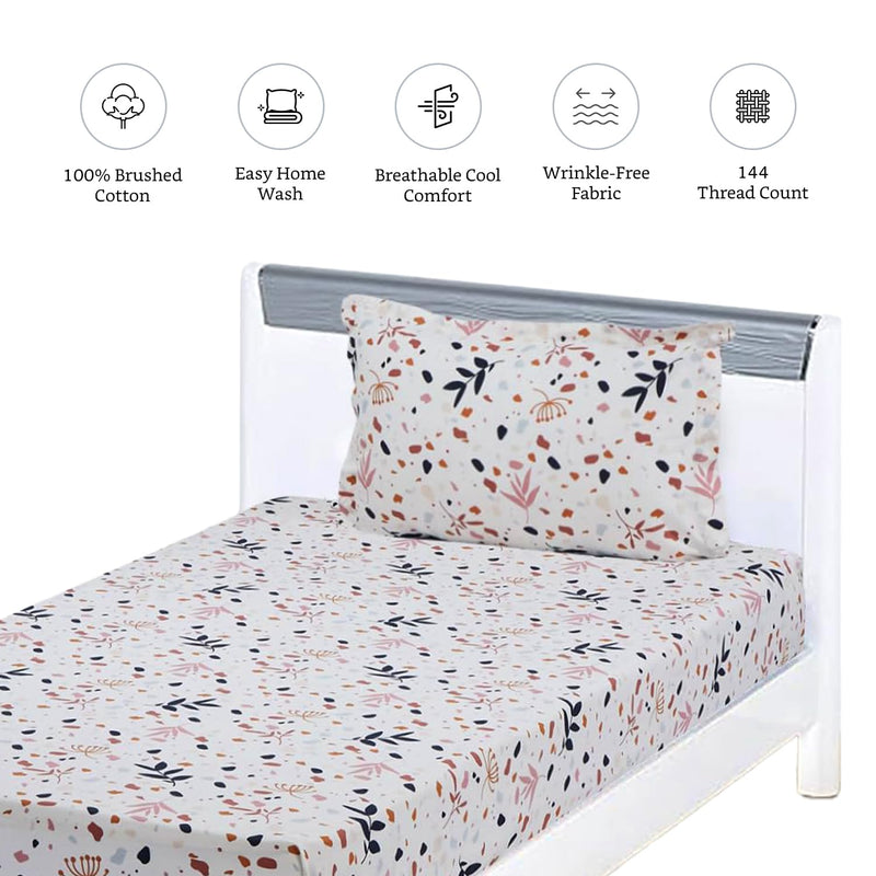 Amazon Brand - Solimo Calico Meadow 144 TC 100% Cotton Single Bedsheet with 1 Pillow Covers, White