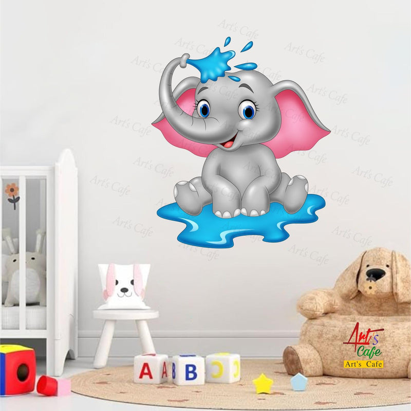 Art's Cafe | Baby Elephant Bathing 3D Wall Sticker Decorative for Kids Room Play School (17.5 x 20.5 inch)