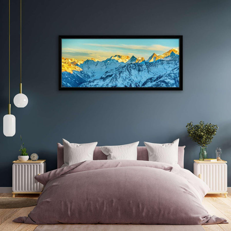 ArtzFolio High Mountains Peaks At Sunset | Canvas Painting for Bedroom & Living Room | Black Frame | 27.6 x 12 inch (70 x 30 cms)