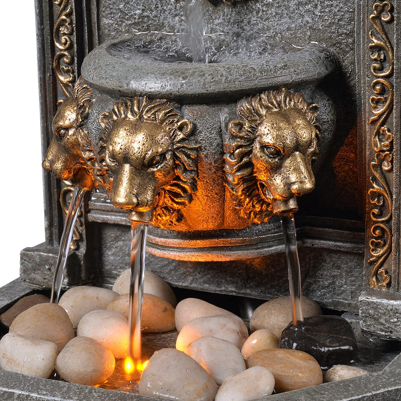 GOSSI 10.3 in Tall Tabletop Fountain Classic Lion Head Polyresin Indoor Zen Waterfall Fountain w/ Cobblestone Soothing Sounds for Office and Home Decor