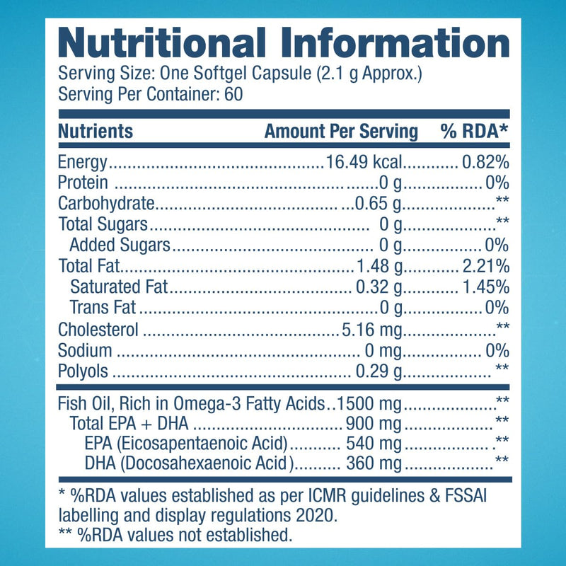 GNC 1500 MG Triple Strength Fish Oil Omega 3 Capsules for Men & Women | 60 Softgels | 900mg (540 MG EPA & 360 MG DHA) | Improves Memory | Protects Vision | No Fishy Aftertaste