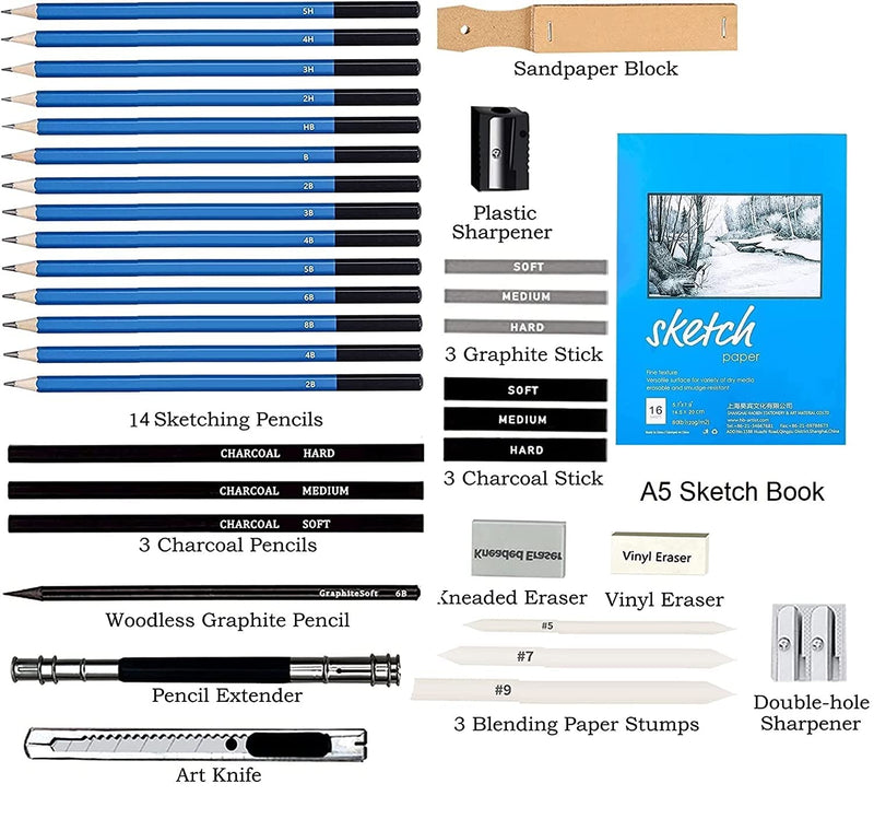 Wynhard Drawing Pencils Shading Pencils Set Drawing Kit Sketching Kit Sketch Pencils Set for Artists Charcoal Pencils for Artists Pencils for Artists Kit Graphite Pencil Set Artist Pencil Set 35 Pcs