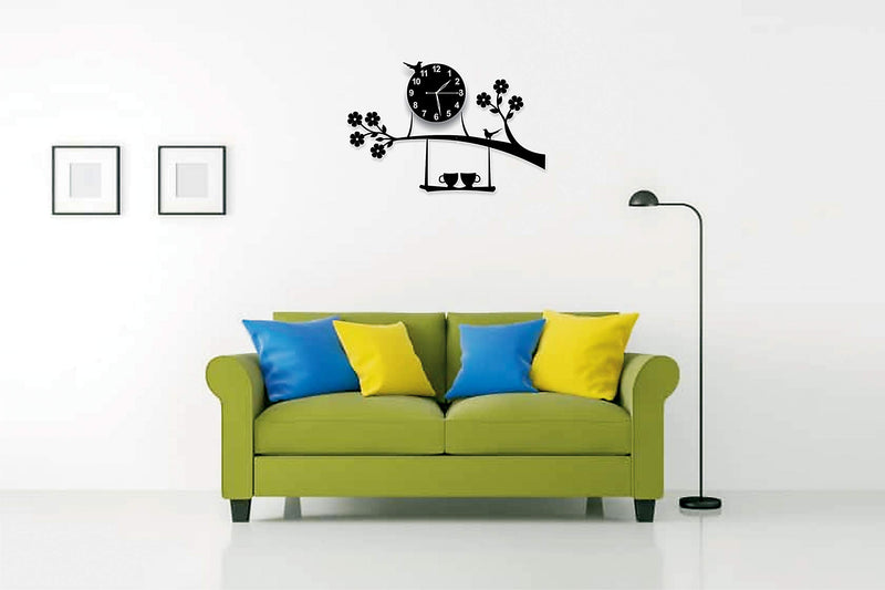 invision1 Plastic 3D Acrylic Tree Birds Coffee Cup On Jhula Design Wall Clock (Black, 69.9 x 41.9 x 1.3 cm) Analog