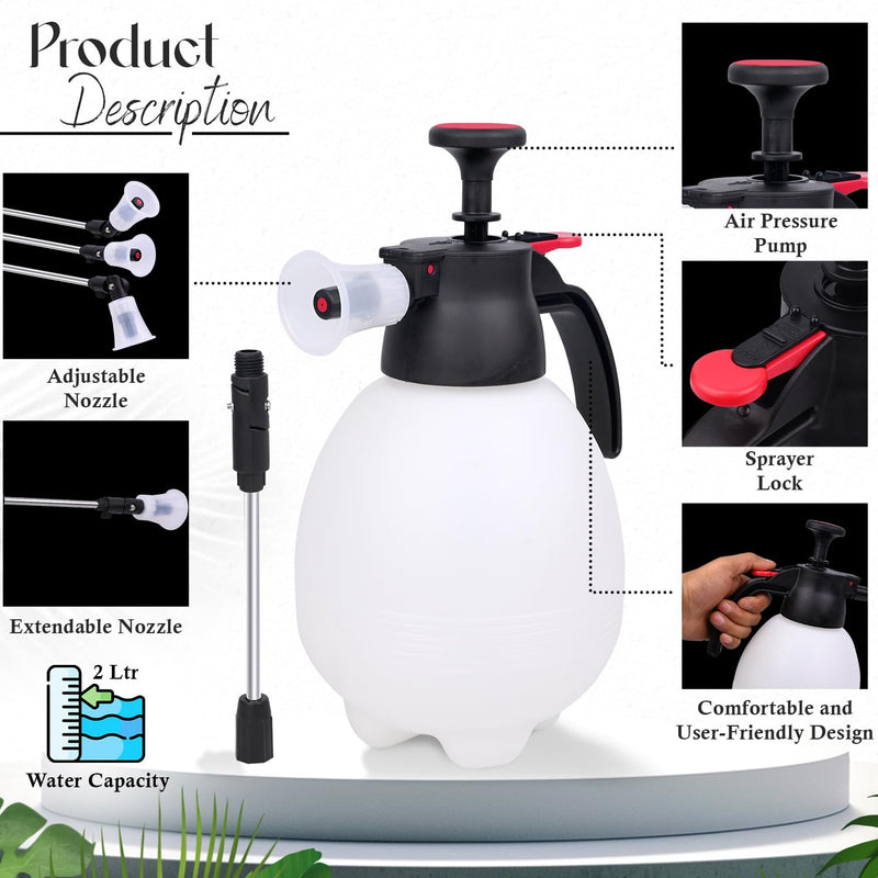 ORILEY Multifunctional Manual Garden Sprayer Pressure Water Pump Bottle with Nozzle Handheld Mist Spray for Flowers Plant Watering Car Glass Home Pesticide & Cleaning (White, 2L)