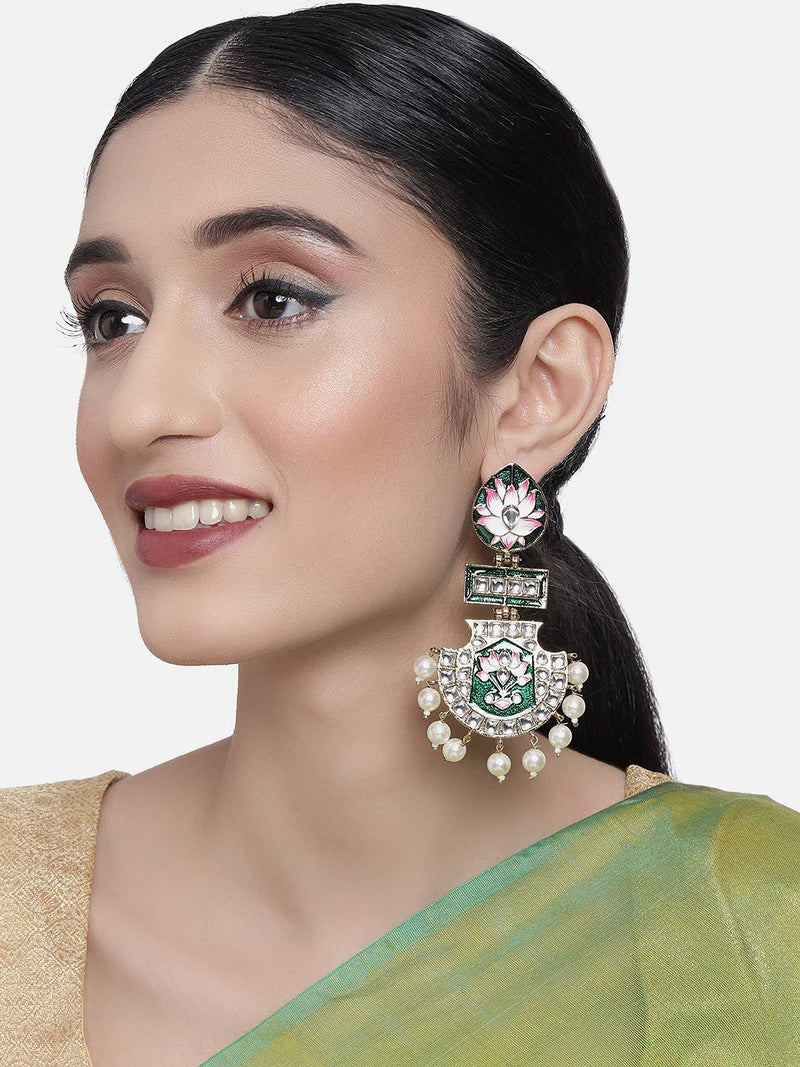 Zaveri Pearls Green & Pink Meenakari Lotus Design Kundan Dangle Earring For Women-ZPFK10343