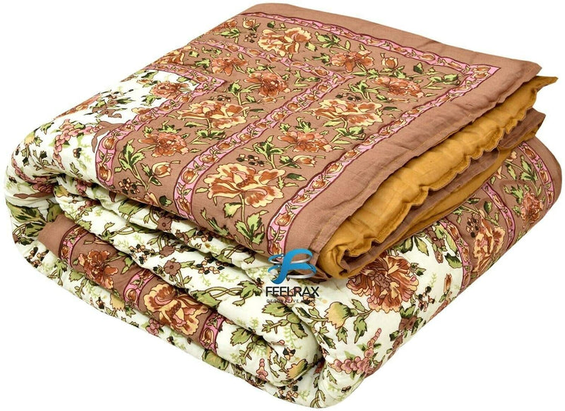 Woodsy Jaipuri Razai Rajasthani Traditional Double Bed Bedding Beige Flower Printed Pure Cotton Soft Light Weight Winter and Summer Rajai Ac Quilt Razai/Rajai/Quilt/Blanket/Dohar Blanket King Size