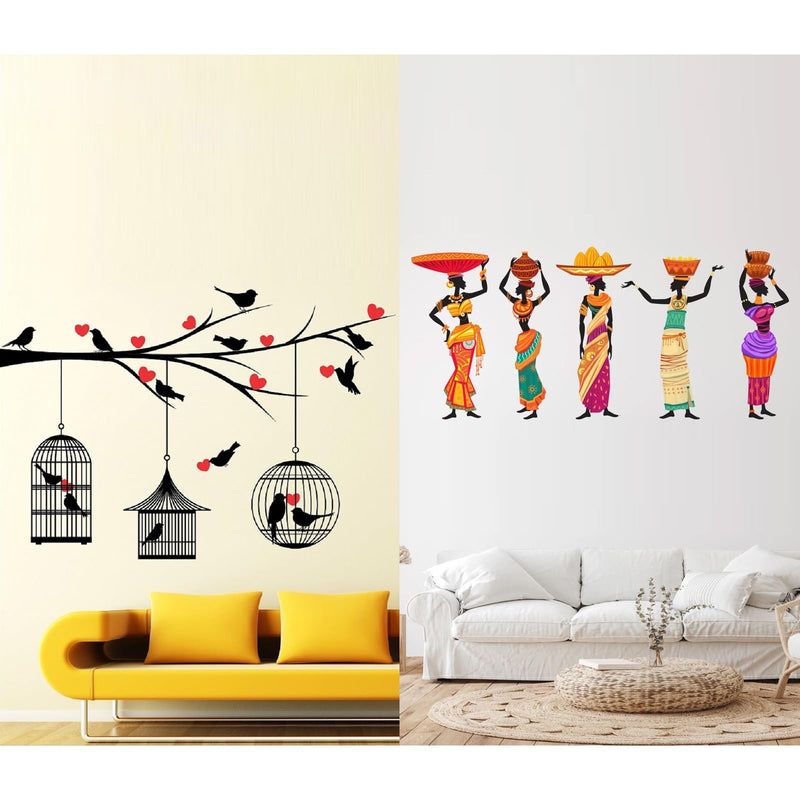 MERICAL Set of 2 Wall Stickers Love Birds with Hearts | Nigerian Lady for Home, Hall, Bedroom, Livingroom & Kitchen