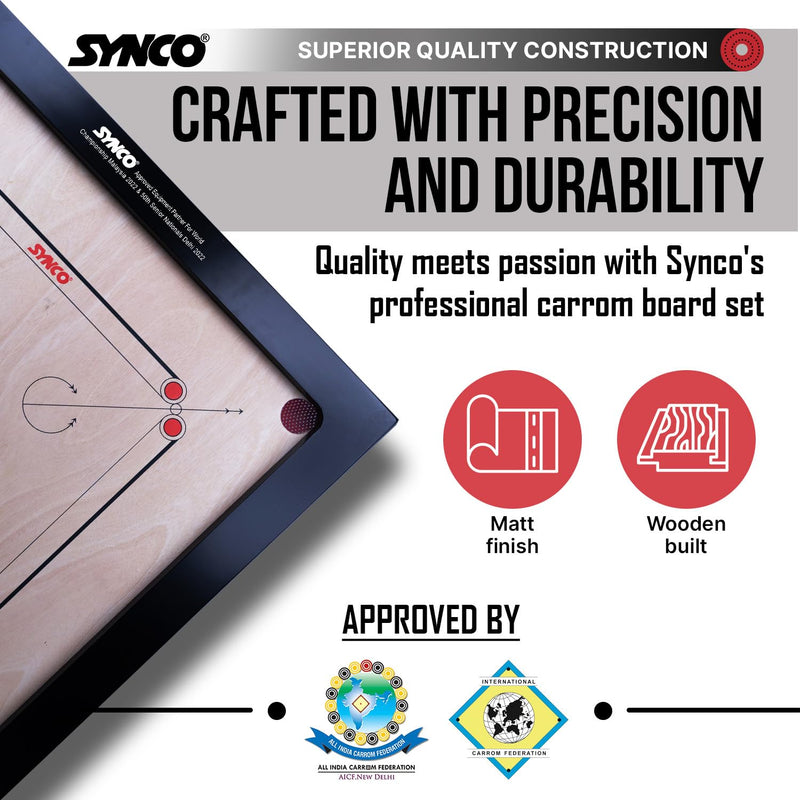 Synco 36 inches 4mm Chakri Back Full Size Carrom Board International for Professionals with Free Coins/Striker/Boric Powder