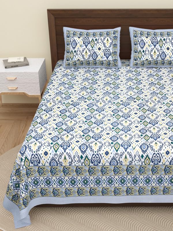 Feels Like Home 240 TC 100% Cotton Super King Size Bedsheet, 1 Bedsheet and 2 Pillow Covers, Block Printed, Olyander Collection - Blue Ikkat Print,108 x 108 Inch, Jaipuri Bedsheet