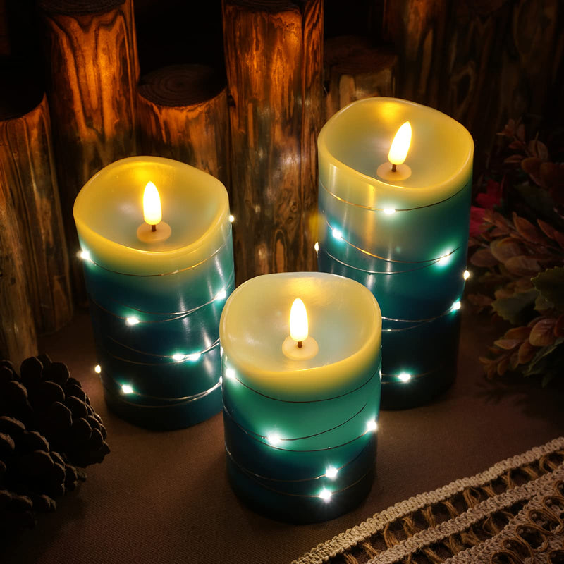 Xinhidar Flameless Candle is Rechargeable, Equipped with Embedded String Lights, 3 LED Candles, 11 Key Remote Control, 24-Hour Timer Function, pulsating Flame, Real Wax. (Ocean Blue)