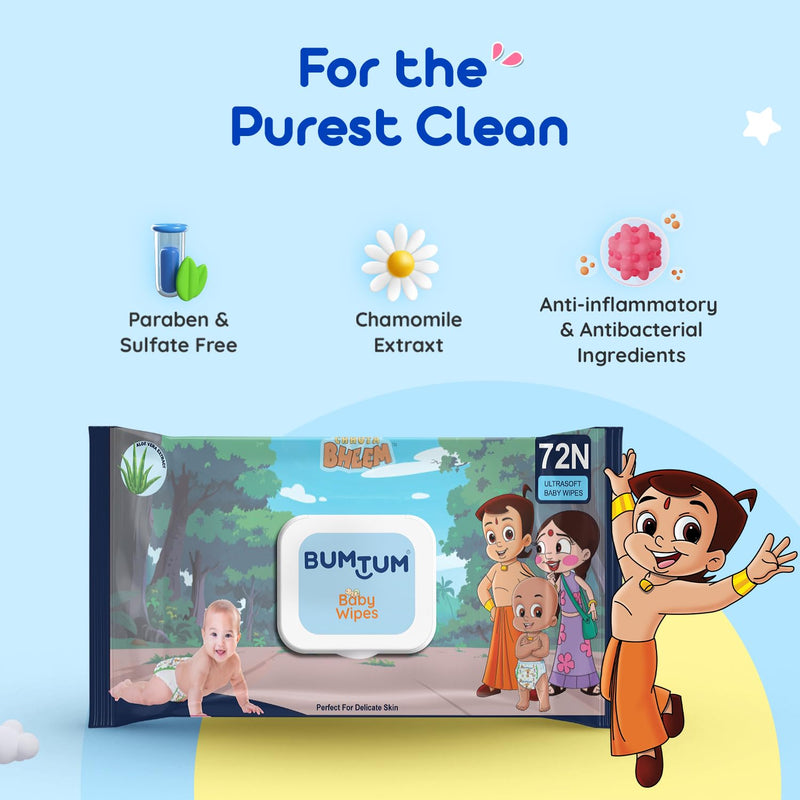 Bumtum Baby Chota Bheem Gentle Soft Moisturizing Wet Wipes With Lid | Aloe Vera & Chamomile Extracts | Paraben & Sulfate Free (Pack of 9, 72 Pcs. Per Pack)