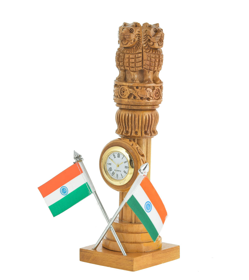 Kaka jiji Handicraft Wooden Carved Ashoka Stambh Pillar With 2 Flags & Analog Clock For Office And Study Table Ii Brown Color Pack Of 1 (2.4Wx2.4Lx8.5H Inches)