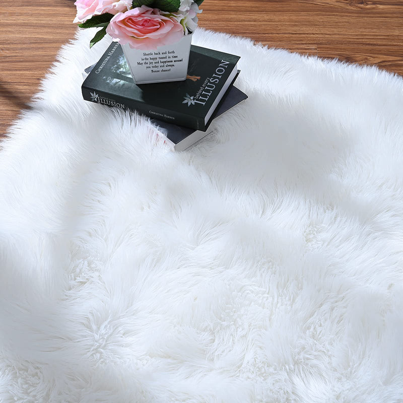 ISEAU Soft Faux Fur Fluffy Area Rug, Luxury Fuzzy Sheepskin Carpet Rugs for Bedroom Living Room, Shaggy Silky Plush Carpet Bedside Rug Floor Mat, 2ft x 3ft, White, Rectangular