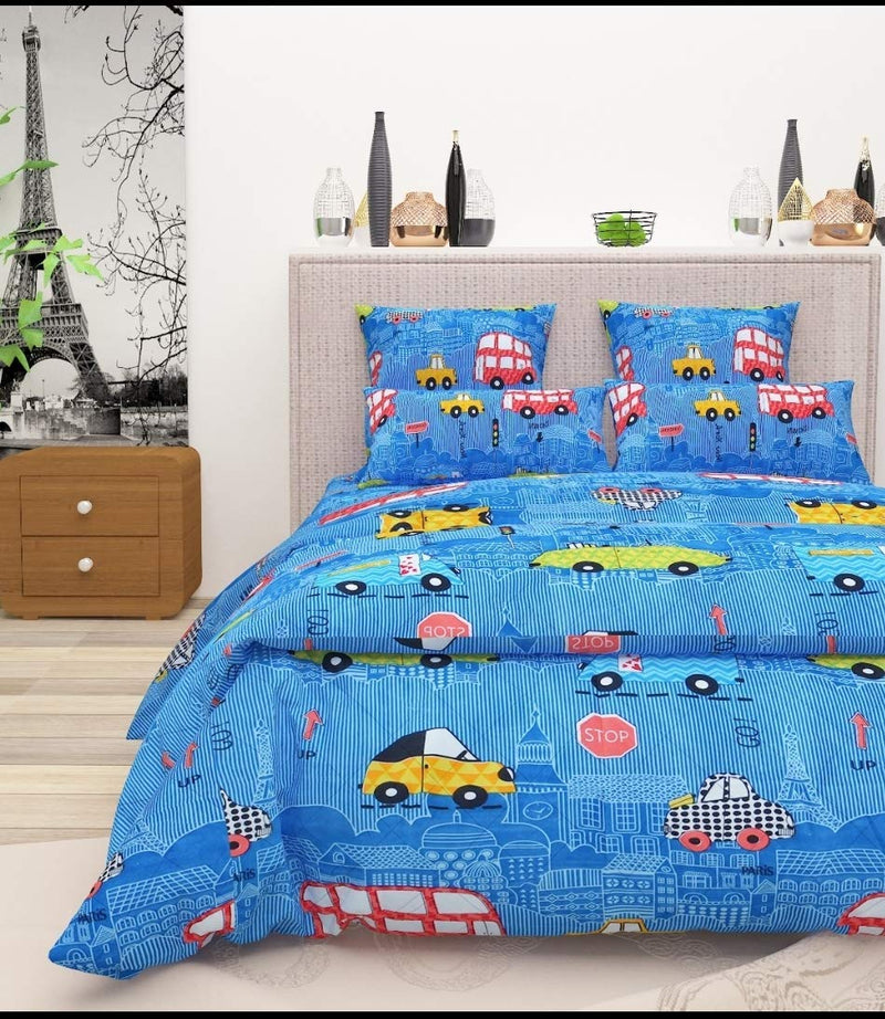 P Home Decor Cars Cartoon Print Bedsheet for Kids Double Bed Boys/Girls - Sheet Size 90 x 100 with 2 Pillow Covers