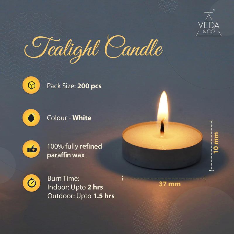 Welburn Veda&Co™ Wax Tealight Candles - Pack of 200, 2 Hours Burning Time, 100% Fully Refined Paraffin Wax, Unscented, Smokeless, Dripless, for Home Decor, Offices & Other Occasions (White)