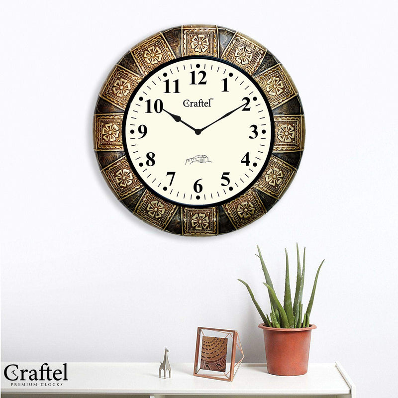 Craftel Brass Embossed Analog Wall Clock Round Decorative Clock for Bedroom Living Room Home and Office (Gold_18 Inch X 18 Inch)