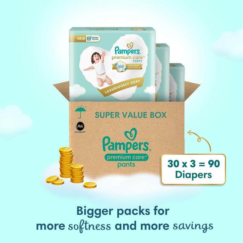 Pampers Premium Care Pants Style Baby Diapers, XX-Large (XXL) Size, 90 Count, All-in-1 Diapers with 360 Cottony Softness, 15-25kg Diapers