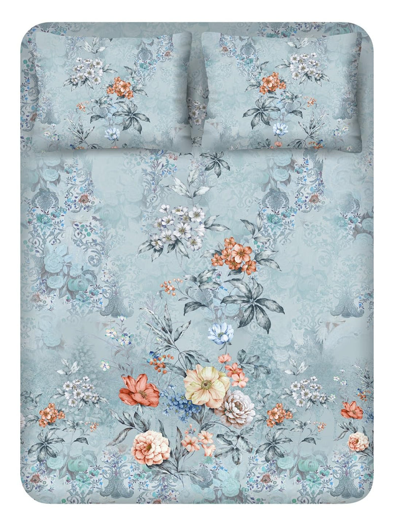 TARA- Sparkling Homes 350 TC Cotton Double Bed Sheet with 2 Pillow Covers - King Size, 275 X 275 Cm (Victorian Serene Blue)