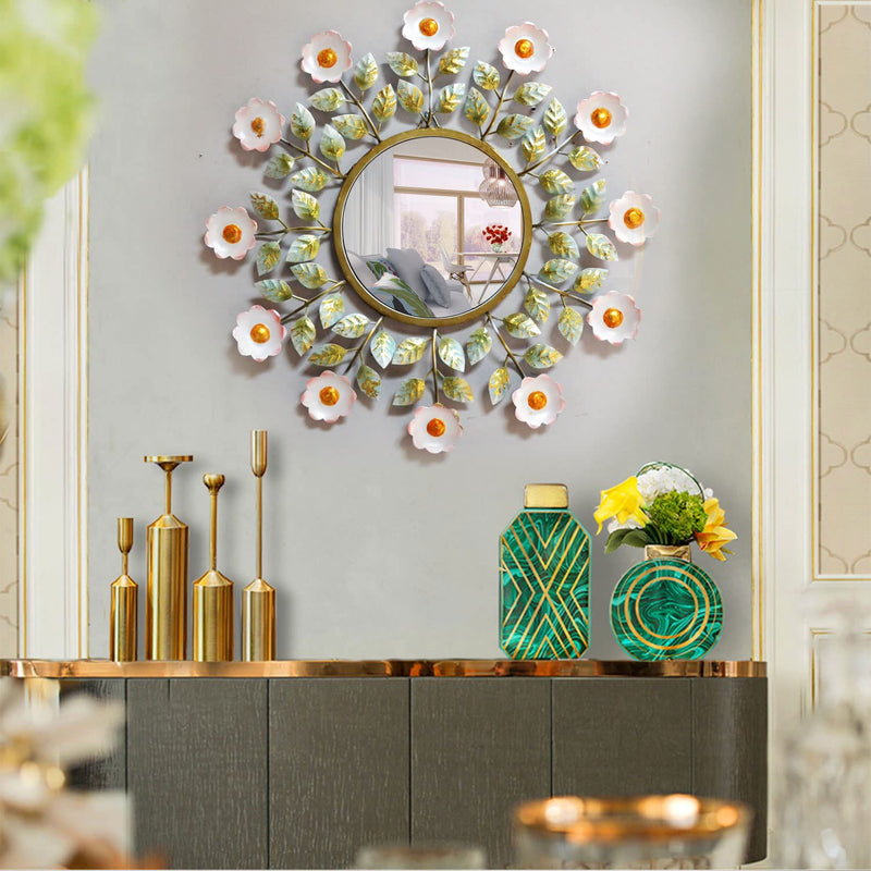 CraftVatika Metal Floral Design Wall Mirror for Living Room or Bathroom