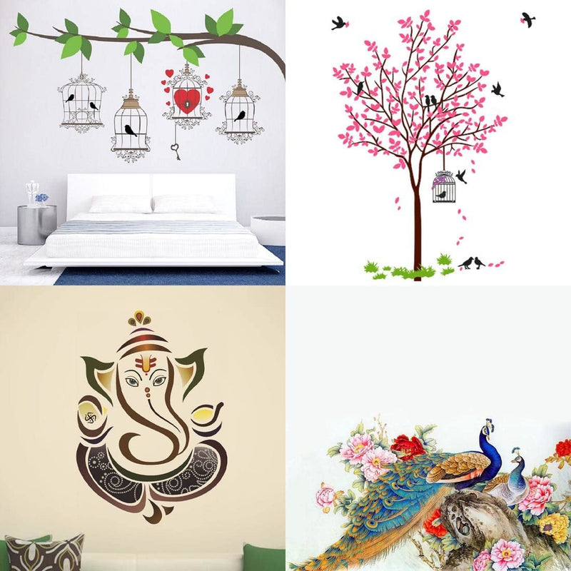 Merical Birdcase Key, Pink Tree Bird & Nest, Royal Ganesh, Royal Peacock Wall Stickers for Living Room, Hall, Wall D�cor (Material: PVC Vinyl)