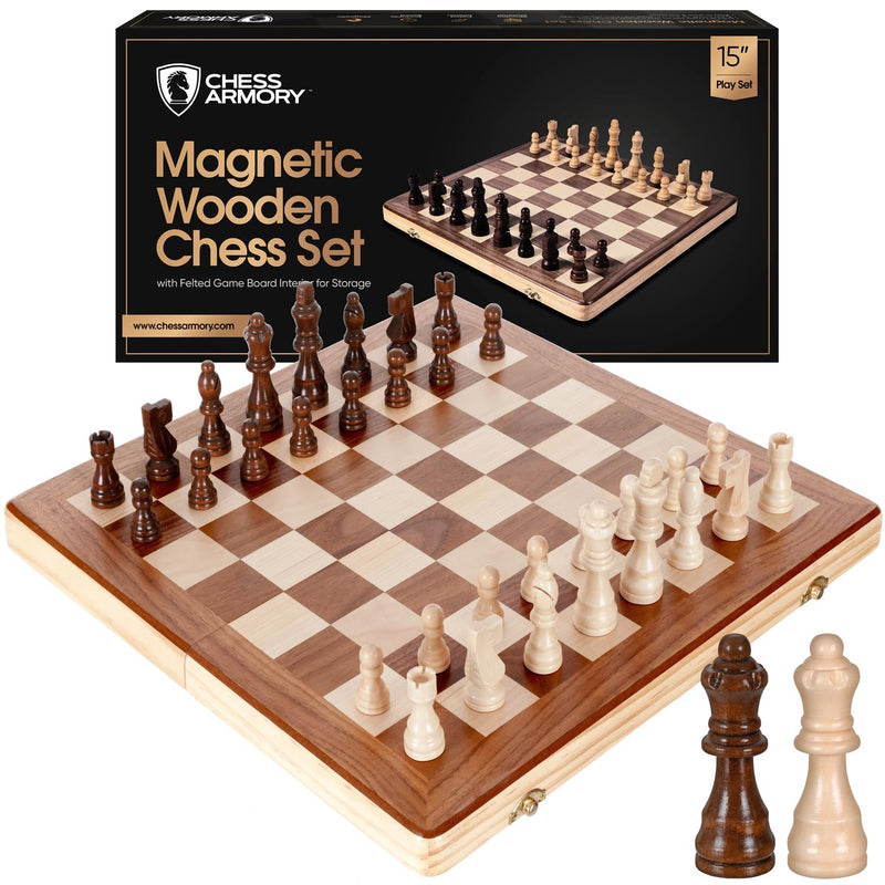 Chess Armory Chess Sets - 15 In Magnetic Wooden Chess Set Board Game for Adults and Kids with Extra Queen Pieces