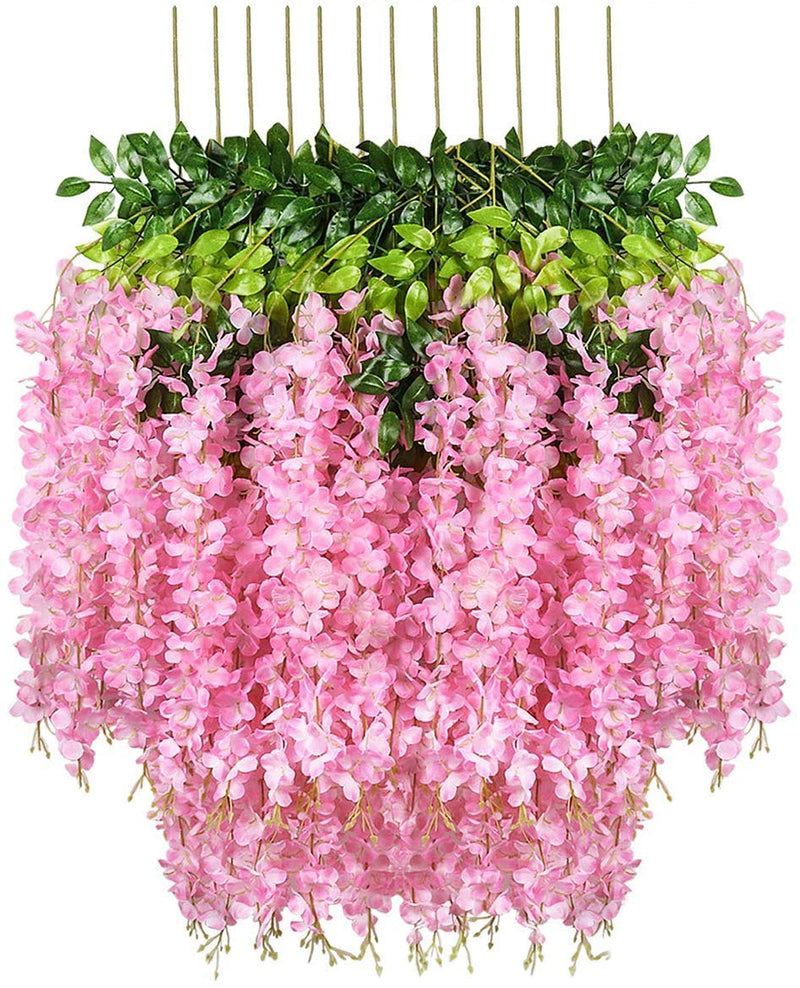 SUPER GELINGEN 43.2 FT Artificial Wisteria Vine Hanging Garland Silk Long Hanging Bush Flowers String Home, Festival, Party, Wedding Decor (Pack of 24, Dark Pink)