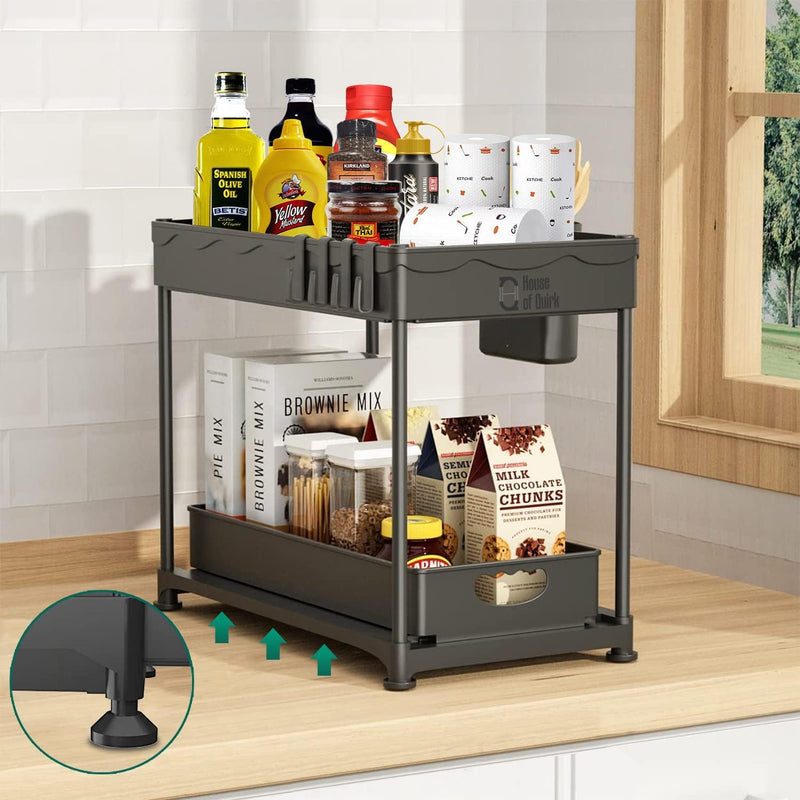 House of Quirk Plastic Under Sliding Cabinet Rectangular Shape Basket Organizer,2 Tier Storage Under Cabinet Bathroom Under Sink Organizers And Storage Under Sink Storage For Bathroom Kitchen (Black)