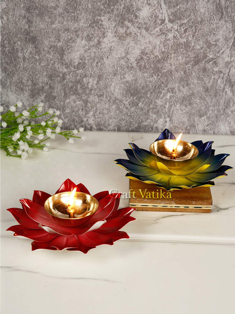 Collectible India Diya for Puja Home Decoration Item Gift, Lotus Brass Diyas Oil Lamp Pooja, Diwali Gifts (Set of 2)