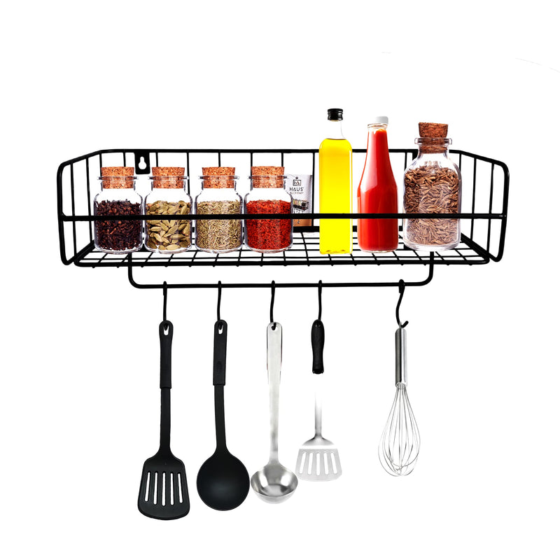 Haus Alchemy Kitchen Spice Rack Organizer Shelf with 5 Hooks Wall Mount Steel Storage Stand For Bottle, Jar, Container, Utensils Holder Cabinet - Black - Big (45cm X 15cm X 20cm, Hanging Shelves)