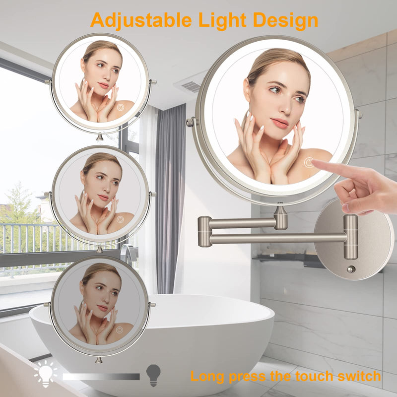 8 Inch Wall Mounted Makeup Mirror Adjustable LED Light Touch Screen 1X/10X Magnifying Two Sided 360° Swivel Extendable Vanity Mirror for Bathroom Chrome Finished Powered by Batteries