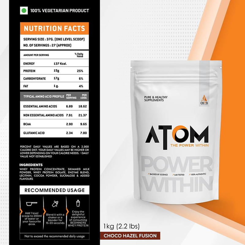 AS-IT-IS ATOM Beginners Whey Protein 1kg | Accelerates Muscle-building | Increases Body Strength | Choco Hazel Fusion Flavor