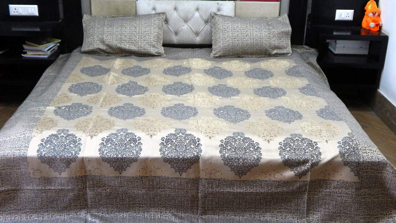 PEPONI Cotton Floral Jacquard Woven Premium Silk Double Bedsheet with 2 Pillow Covers (Grey & Gold, 90 x 100 Inch, King Size)