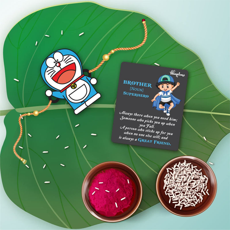 Bhai Please Doraemon Rakhi with Brother is Superhero Fridge Magnet (Gift Combo for Bhai/Bhaiya) | Set of 1 pc Rakhi with Roli/Kumkum - Chawal and Fridge Magnet