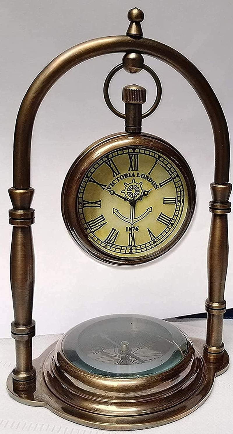 Handmade Antiques Brass Table Top Clock Desk Clock Nautical Maritime Clock Base Direction Compass Home & Office Decor Gift Item