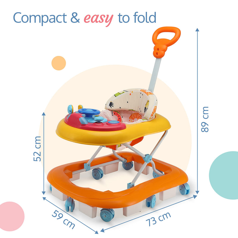 LuvLap Sunshine Baby Walker with Parental Push Handle, Anti Fall, Anti Skid Mechanism, Height Adjustable with Light, Rattle & Music Toys, Cushioned Walker for Baby 6-18months (Orange)