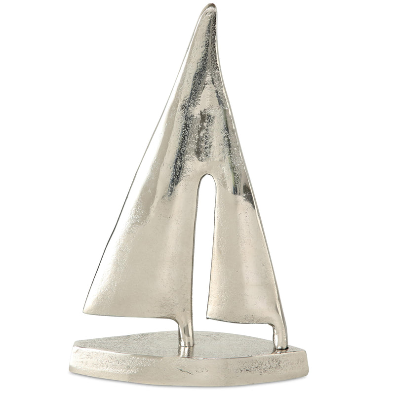 WHW Whole House Worlds Silver Spinnaker Sail Boat Sculpture, Polished Aluminum, Hand Cast, 8.25 Inches Tall, Coastal Regatta