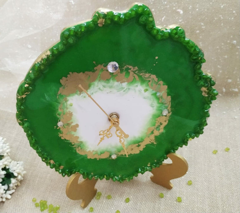 Green and White Resin Art Abstract Table Clock