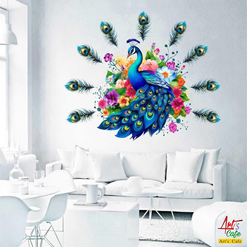 Art's Cafe | Colorful Peacock with Feather (Pankh) and Back Flowers Wall Sticker (24 x 20 inch)