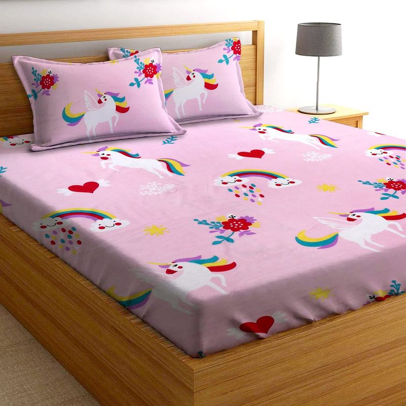 AEROHAVEN 180TC Glace Cotton Cartoon Fitted Double Queen Bedsheet with 2 King Size Pillow Covers, 72" x 78" - GCB13 - Pink